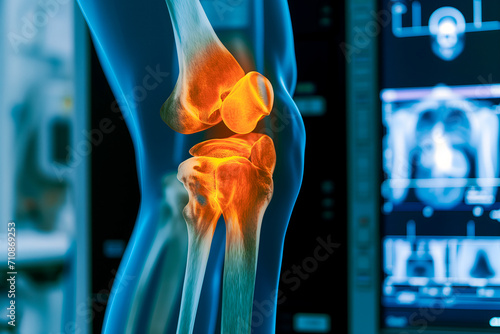 Human Knee Joint And Leg In X-ray Film On Blue Background. The Knee Joint Problem Is Highlighted By Yellow and Red Color. photo