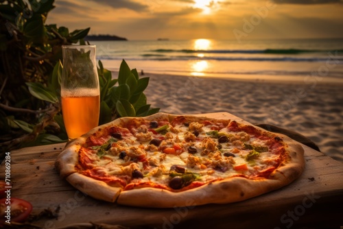 Pizza picnic on the ocean in Sunset with copy space, background wallpaper