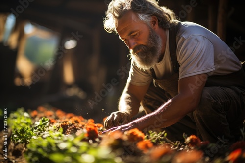 Farmer reaps fresh vegetables in sunny garden., generative IA © JONATAS