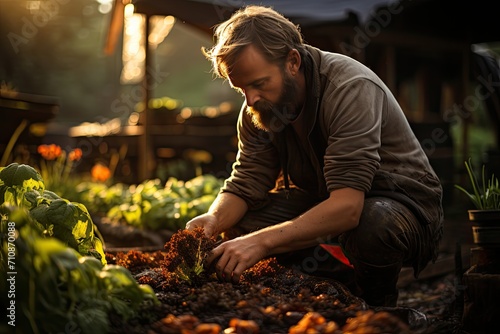 Farmer reaps fresh vegetables in sunny garden., generative IA photo