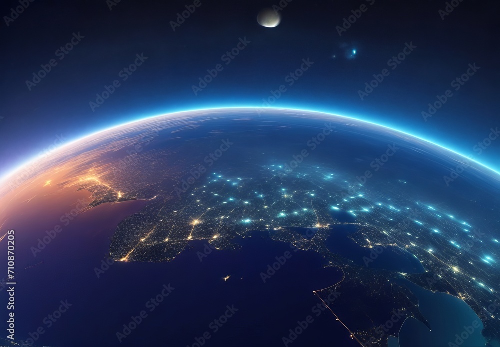 Naklejka premium Panoramic view on planet Earth globe from space. Glowing city lights, light clouds. Generative AI 