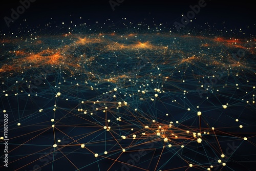 This image depicts a global map showcasing multiple dots and lines, illustrating interconnectedness across the world, An intricate network of rabbit holes in a grassy field, AI Generated
