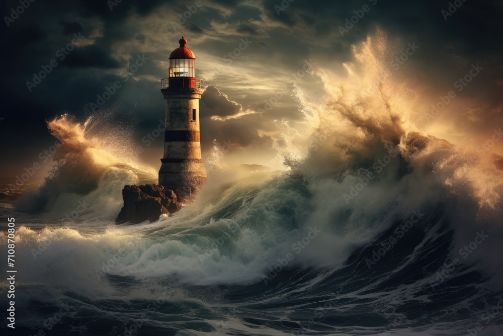A solitary lighthouse valiantly endures massive waves amidst a raging storm at sea, An old lighthouse overlooking a stormy sea, AI Generated