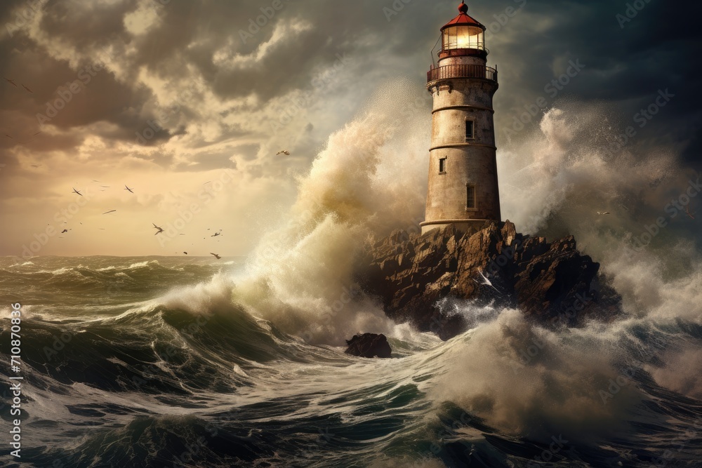 A solitary lighthouse stands in the midst of a vast expanse of open water, An old lighthouse overlooking a stormy sea, AI Generated