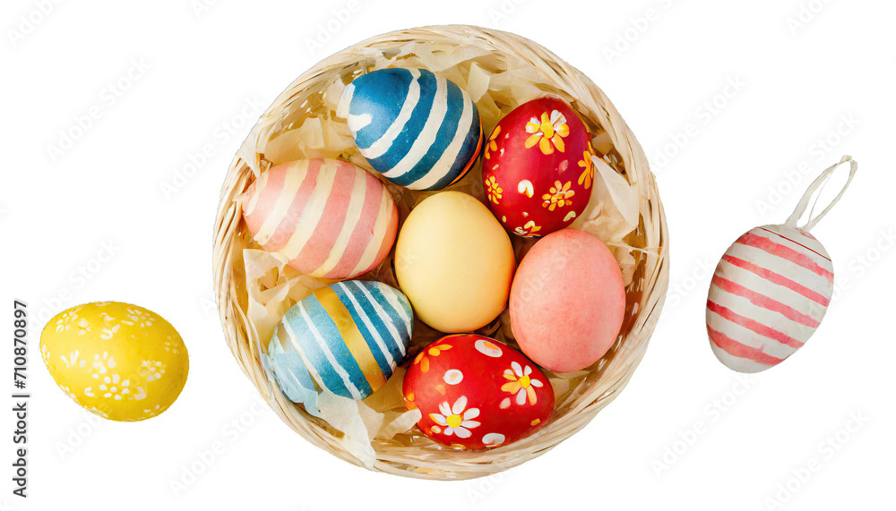 Easter eggs in basket top view - isolated
