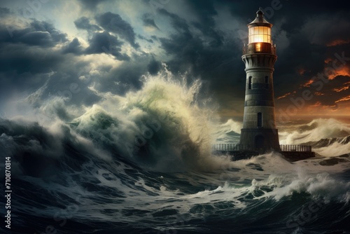 A resilient lighthouse stands strong amidst turbulent ocean waves, providing safety and guidance in a storm, An old lighthouse overlooking a stormy sea, AI Generated