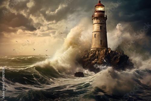 A solitary lighthouse stands in the midst of a vast expanse of open water  An old lighthouse overlooking a stormy sea  AI Generated