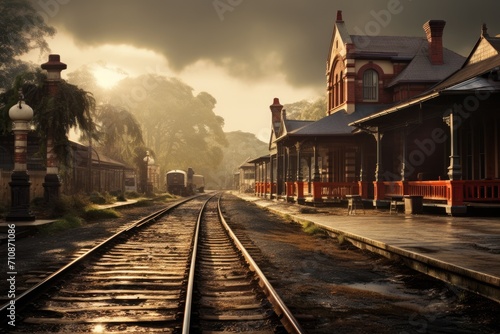 A train moves along the tracks as it passes by a bustling train station, An old Victorian-era railway station, AI Generated photo