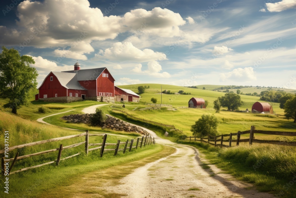 An idyllic countryside scene with a single dirt road guiding the way to a picturesque red barn, An old-fashioned countryside with rustic barns and rolling farmlands, AI Generated An idyllic countryside scene with a single dirt road guiding the way to a picturesque red barn, An old-fashioned countryside with rustic barns and rolling farmlands, AI Generated