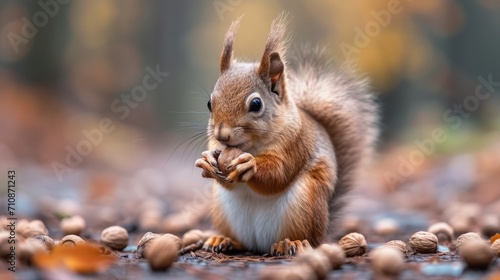 Squirrel eating a walnut in a forest  cute squirrel