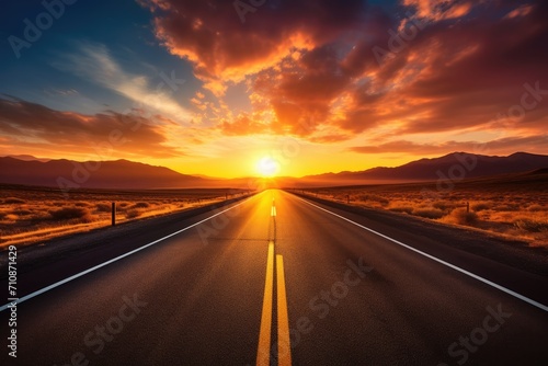 Capture the stunning sight of the setting sun casting a beautiful golden glow over a road in the middle of the desert, An open road that disappears into a stunningly beautiful sunrise, AI Generated