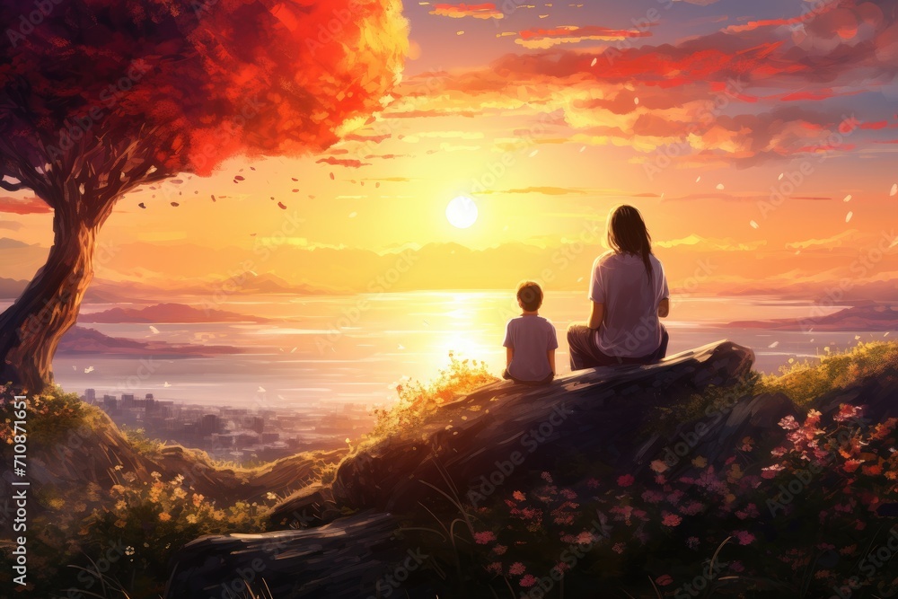 Pair of Individuals Seated on Hilltop, Enjoying the View, An optimistic sunrise scenery with a mother and her child sitting and watching as a representation of Mothers Day, AI Generated