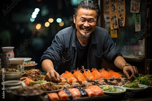 Traveler explores colorful sushi market in Tokyo.  generative IA