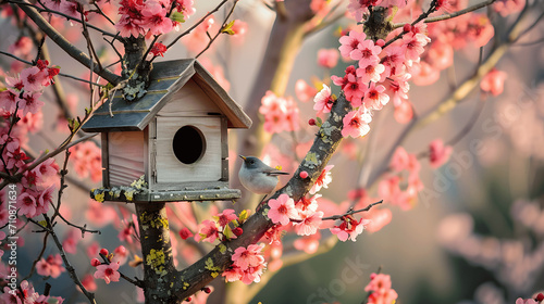 Birdhouse in blossoming tree for spring wildlife