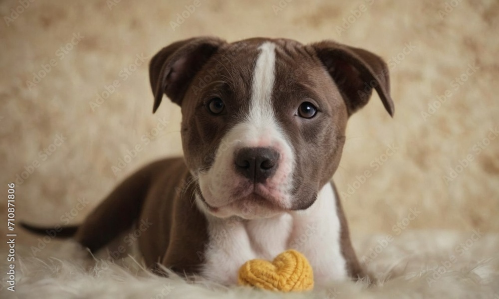 American Staffordshire Terrier, puppies, knitted heart, realistic photo, close-up