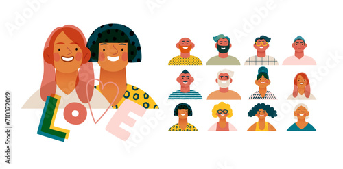 Obraz na płótnie Valentine: Spectrum of Love - modern flat vector concept illustration of a vibrant array of individual portraits celebrating love's diverse expressions