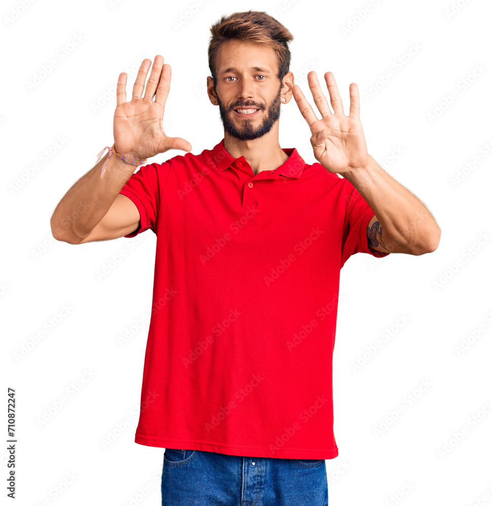 Handsome blond man with beard wearing casual clothes showing and pointing up with fingers number nine while smiling confident and happy. Handsome blond man with beard wearing casual clothes showing and pointing up with fingers number nine while smiling confident and happy.