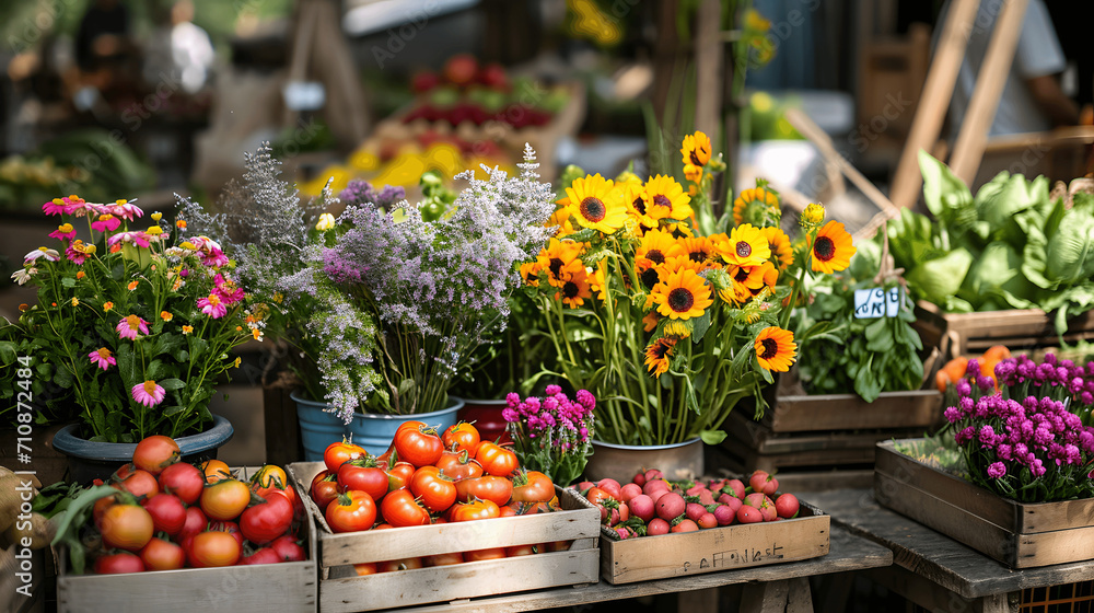 Farmer's market with fresh spring produce and flowers