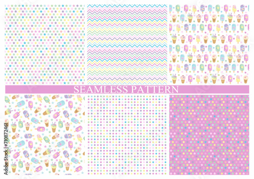 A set of seamless backgrounds with ice cream, dots, stars and zigzag. Fons of delicate pastel colors. For textiles, scrapbooking, wrapping paper. Vector Illustration.