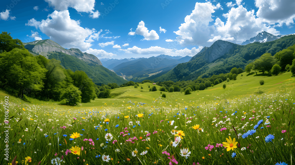 Panoramic valley view with spring wildflowers