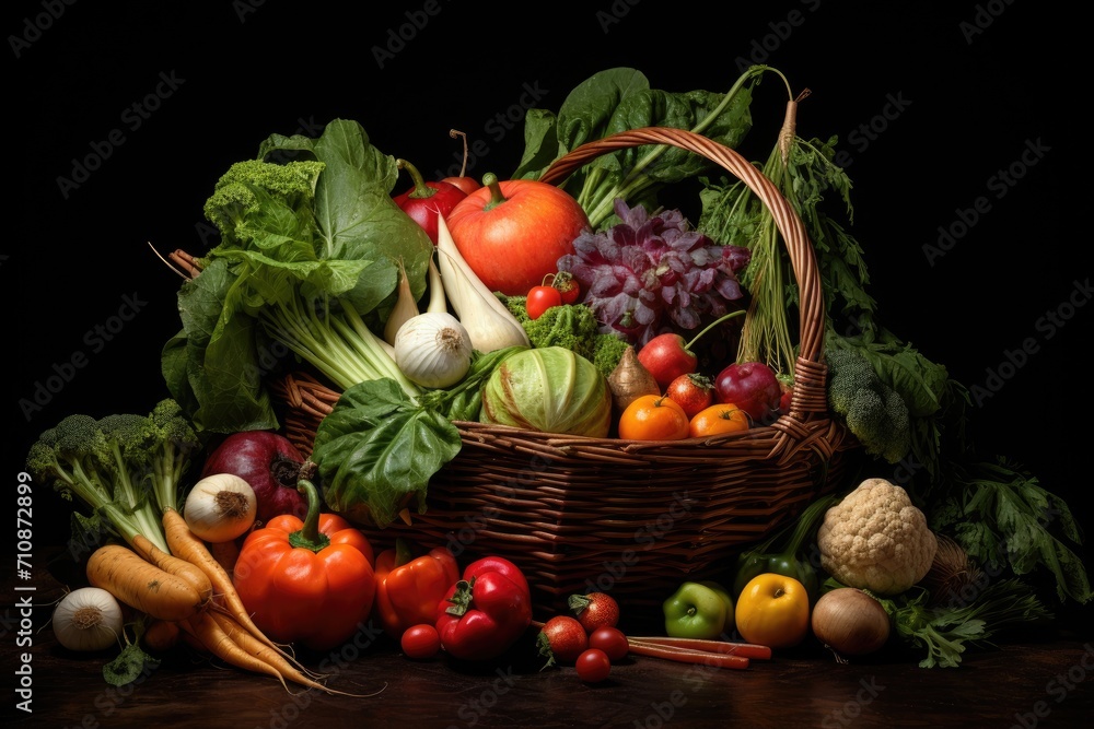 This image showcases a bountiful basket filled to the brim with a wide variety of fresh, vibrant, and healthy vegetables, An overflowing basket of fresh, organic vegetables, AI Generated This image showcases a bountiful basket filled to the brim with a wide variety of fresh, vibrant, and healthy vegetables, An overflowing basket of fresh, organic vegetables, AI Generated