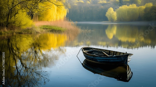 Rowboat on calm lake with spring tree reflections