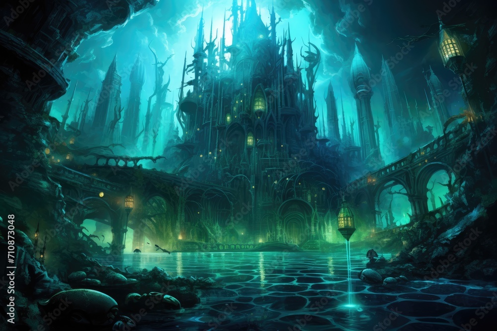 A captivating depiction of a castle set amidst a lush forest, showcasing the harmonious blend of architecture and nature, An underwater city with bio-luminescent architecture, AI Generated