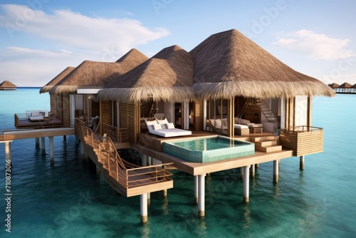 Experience ultimate luxury and relaxation at this water villa with a pool nestled in the middle of the ocean  An over-water bungalow in the Maldives  AI Generated
