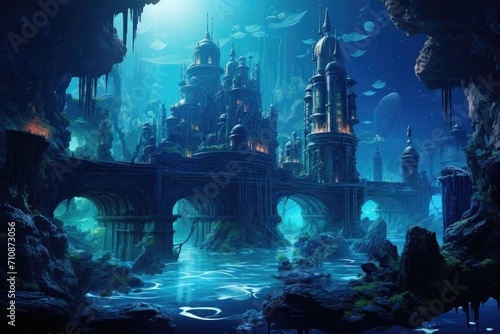 This image captures the dynamic and bustling scene of an underwater city, complete with its infrastructure and inhabitants, An underwater city with bio-luminescent architecture, AI Generated