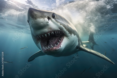 A powerful and fearsome great white shark showcasing its imposing rows of razor-sharp teeth as it cruises through the open waters  An underwater view of a great white shark  AI Generated