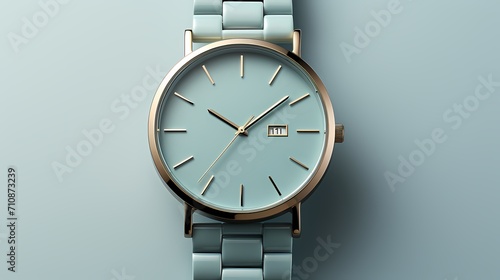 Modern square-faced watch with a metallic strap arranged on a muted sky blue pastel base