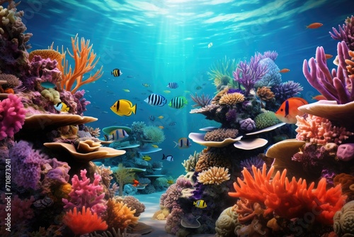An incredible underwater scene showcasing vibrant corals and a variety of tropical fish  An underwater view of a vibrant coral reef teeming with fish  AI Generated