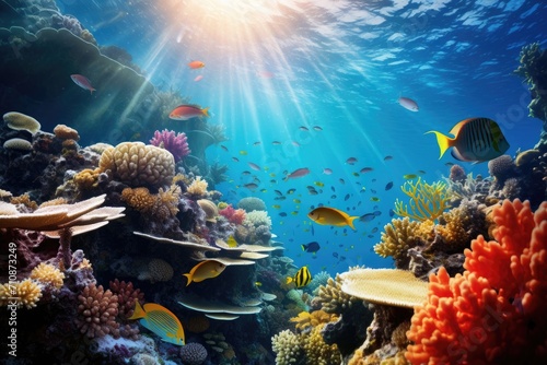 Experience the captivating beauty of a vibrant coral reef teeming with diverse fish species and thriving marine life  An underwater view of a vibrant coral reef teeming with fish  AI Generated