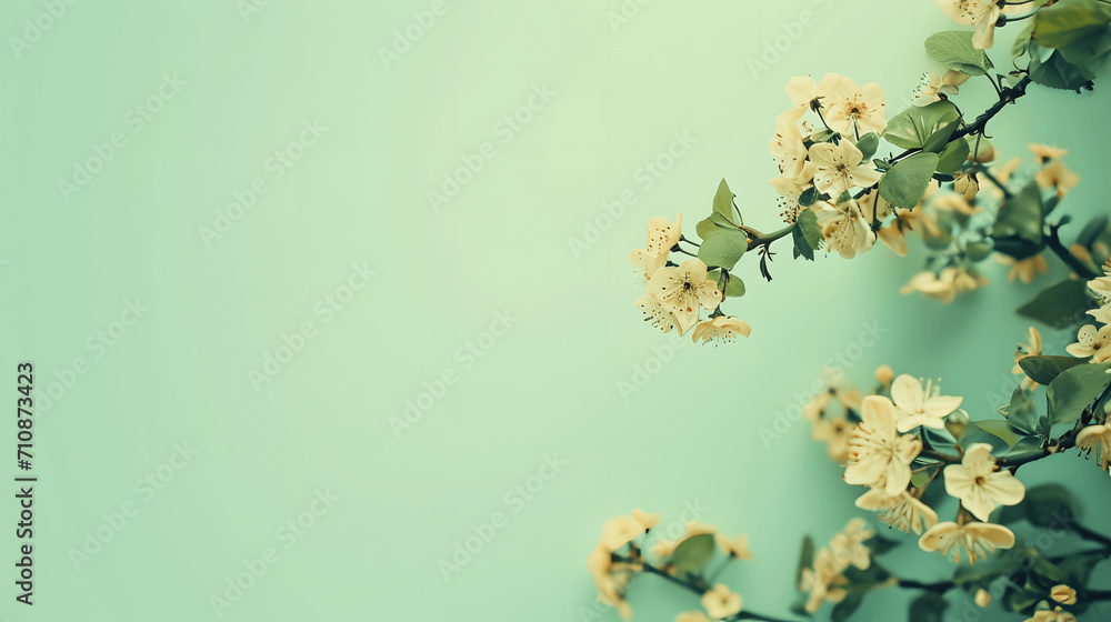 Spring flowers on green background with space for text