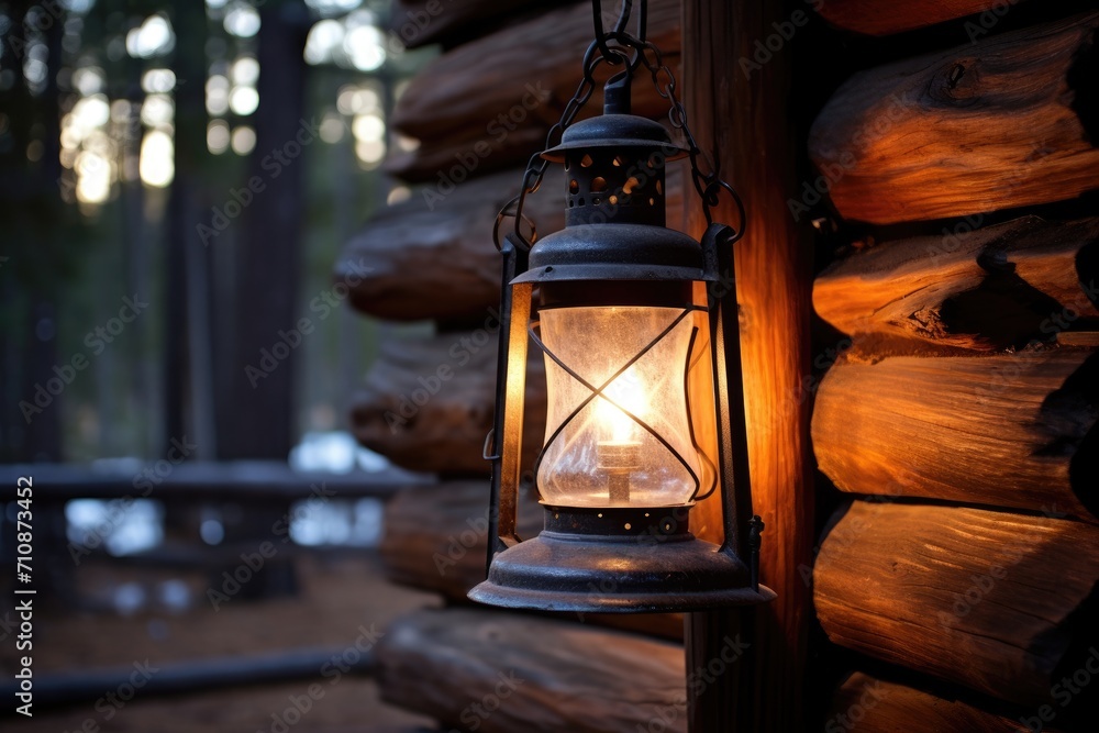 A lantern hangs from the side of a rustic log cabin in the evening, Antique lantern softly illuminating a rustic cabin, AI Generated A lantern hangs from the side of a rustic log cabin in the evening, Antique lantern softly illuminating a rustic cabin, AI Generated