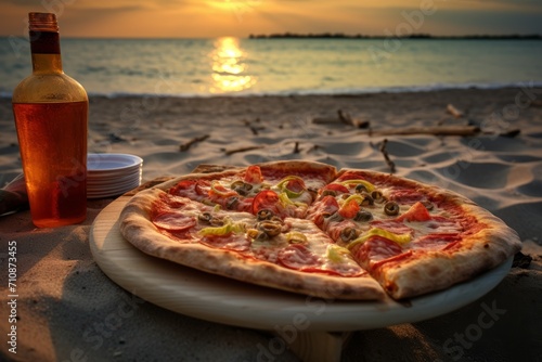 Pizza picnic on the ocean beach in Sunset with copy space, background wallpaper