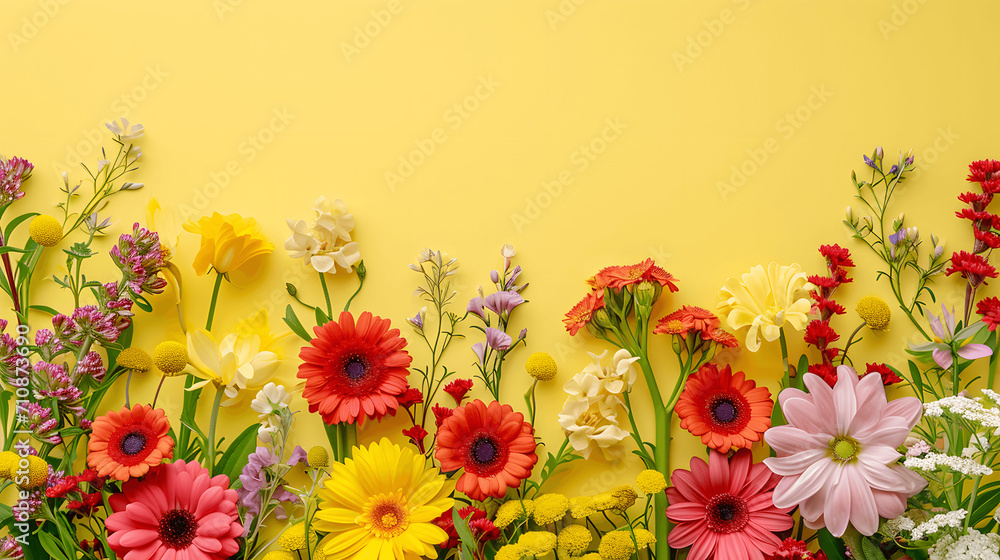 Vibrant spring flowers on yellow background with text space