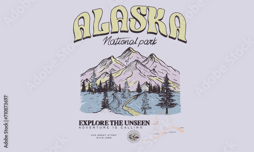 Adventure at the mountain graphic artwork for t shirt and others. Mountain with tree vintage print design. Mountain with sunset and river. Life is great. Alaska mountain national park. 