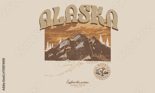 Alaska map. Adventure at the mountain graphic artwork for t shirt and others. Mountain with tree vintage print design. Mountain with sunset and river. Life is great. Alaska mountain national park. 