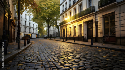 A Charming Street View to the Eiffel Tower at Sunset,, A Quaint Parisian Street bathed in the Warm Hues of Sunset