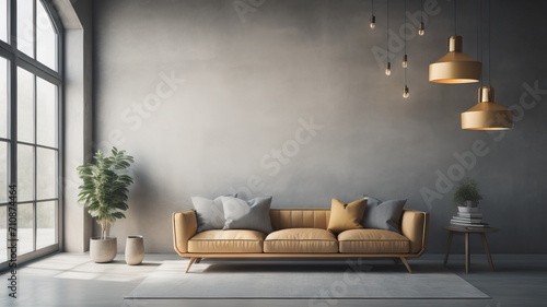  Interior background of room with concrete stucco mockup wall and hanging lamps photo