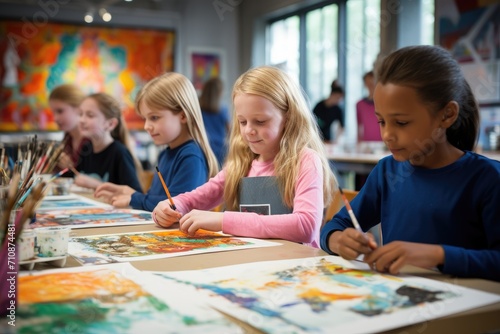 Children at Table With Paintings - Creative Expression and Artistic Exploration, Art class in session with children fully engaged in their creativity, AI Generated