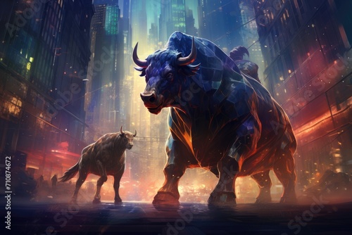 A captivating image of a bull and a dog navigating the bustling streets of a city under the moonlight  Brainstorming concept with a light bulb and speech bubbles  AI Generated
