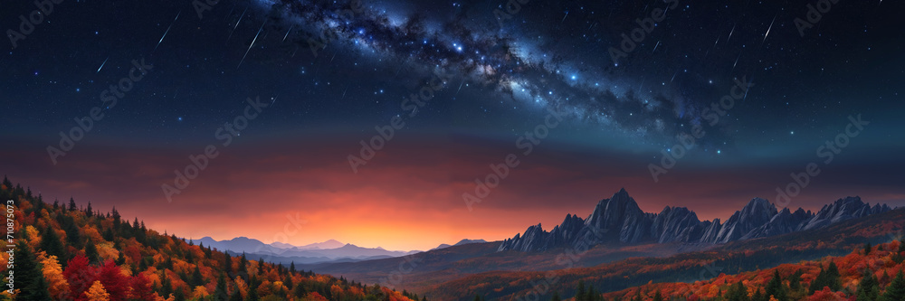 Tranquil nighttime mountain landscape with starry sky, sunset and milky way overhead