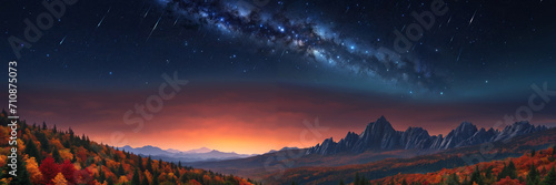 Tranquil nighttime mountain landscape with starry sky, sunset and milky way overhead © Aleksei Solovev