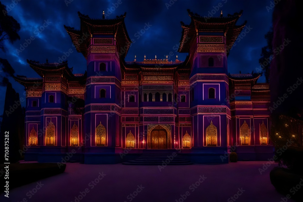 a classic palace illuminated by the warm glow of lanterns and candles