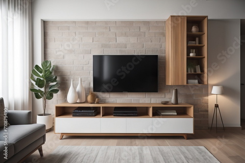 Wallpaper Mural Interior of living room with wooden sideboard over granite wall Torontodigital.ca