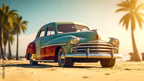 Vintage car on beach with tropical palm trees on background. Postproducted generative AI illustration. photo