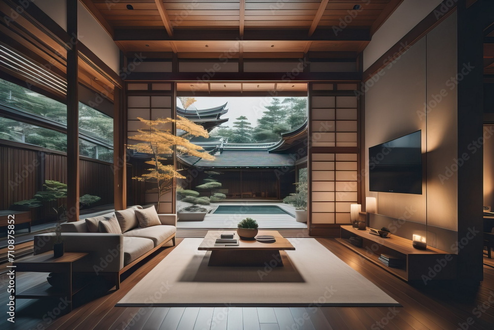 Obraz na płótnie Japanese zen style home interior design of modern living room at night w salonie