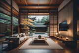 Japanese zen style home interior design of modern living room at night